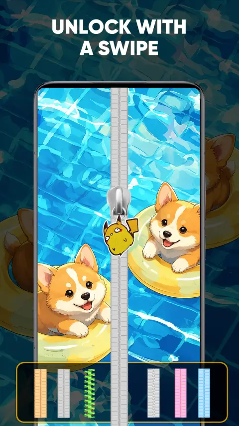 Unlock with a swipe: zipper over a cute corgi wallpaper