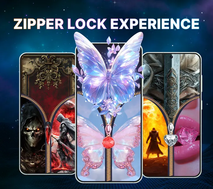 Three phones showing dark fantasy, butterfly and fire themed zipper lock screens